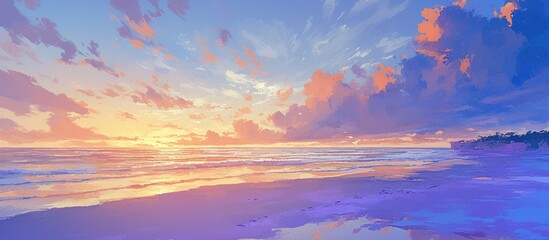 Naklejka premium Painting of a beach at sunset with vibrant colors and serene waters