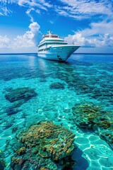 Luxurious cruise ship navigating the bright blue waters of the Maldives, with a clear sky and vibrant coral reefs.