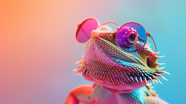 A bearded dragon wearing sunglasses in front of a colorful tropical background