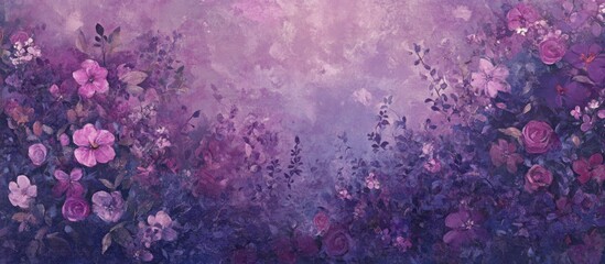 Obraz premium Floral painting featuring small flowers and a blooming shrub creating a dreamy purple botanical pattern for a wallpaper backdrop