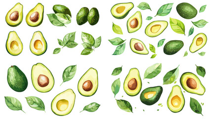 A set of four watercolor paintings of avocados and leaves. The paintings are of different sizes and are arranged in a grid. The mood of the paintings is bright and cheerful