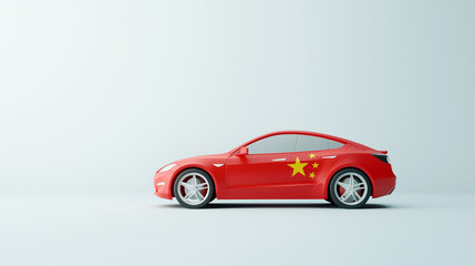 Fototapeta premium Red Electric Car with Chinese Flag: A sleek, red electric car with a Chinese flag sticker on the side, symbolizing the country's booming electric vehicle industry and technological advancement. 