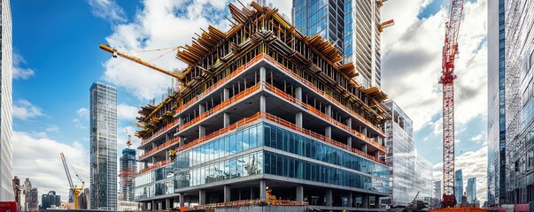 Image of a new high-rise office building under construction, showcasing the use of glass and steel to create a sustainable workplace
