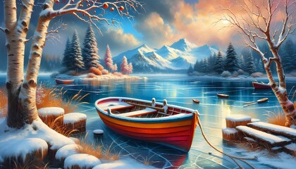 Obraz premium Winter landscape with an icy lake and a colorful picture of a boat