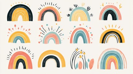 Fototapeta premium Abstract set of hand drawn cards featuring rainbows including doodles and sketches in a retro illustration style