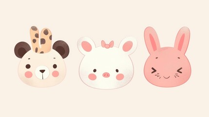 Obraz premium Collection of adorable animal faces featuring a rabbit giraffe bear and pig Ideal for baby cards invitations nursery decor and apparel Modern vector illustration in a playful cartoon style