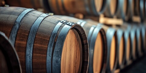 A collection of wooden barrels lined up in a cellar. Each barrel is crafted from high-quality wood with sturdy metal bands. Ideal for wine lovers and distilleries. Captivating rustic style. AI