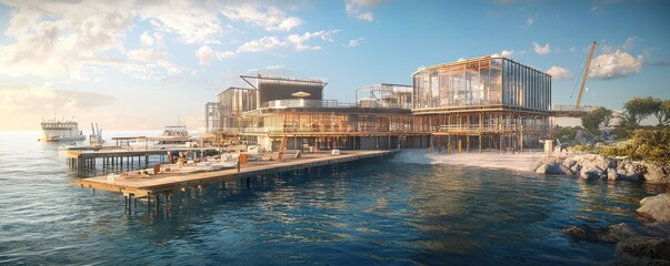 Image of a new marine research center under construction on the coastline, focusing on the integration of labs, docks, and living quarters