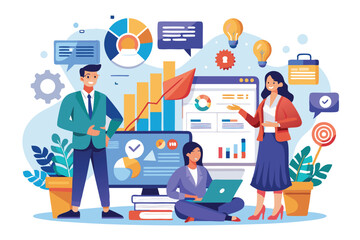 A team engages in a strategy session, analyzing data and discussing marketing solutions in a bright office, Customizable marketing consulting with semi flat illustrations.