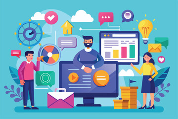 Fototapeta premium A vibrant marketing illustration showing three diverse individuals engaging with technology and data, Customizable marketing illustration