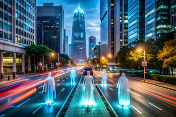 Fototapeta premium Ghostly Cityscape: A surreal and haunting nighttime cityscape with ethereal figures walking down a busy street, illuminated by the vibrant glow of passing cars.