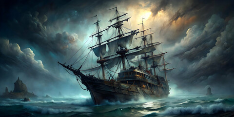 Fototapeta premium The Galleon's Unyielding Journey: A majestic galleon braves the stormy seas, its sails billowing against a backdrop of ominous clouds. The ship's silhouette stands tall against the tempestuous sky.