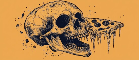 Hand drawn 2d illustration of a skull with a pizza slice Artistic tattoo design suitable for cards posters banners t shirts pins badges and patches