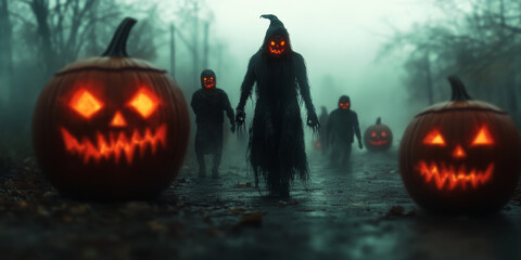 Fototapeta premium Trick-or-Treaters in Detailed Costumes Walking Down a Misty Street