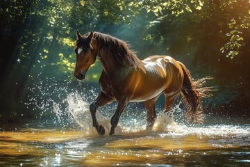 Warmblood horse in a clear river splashing water as sunlight filters through the trees