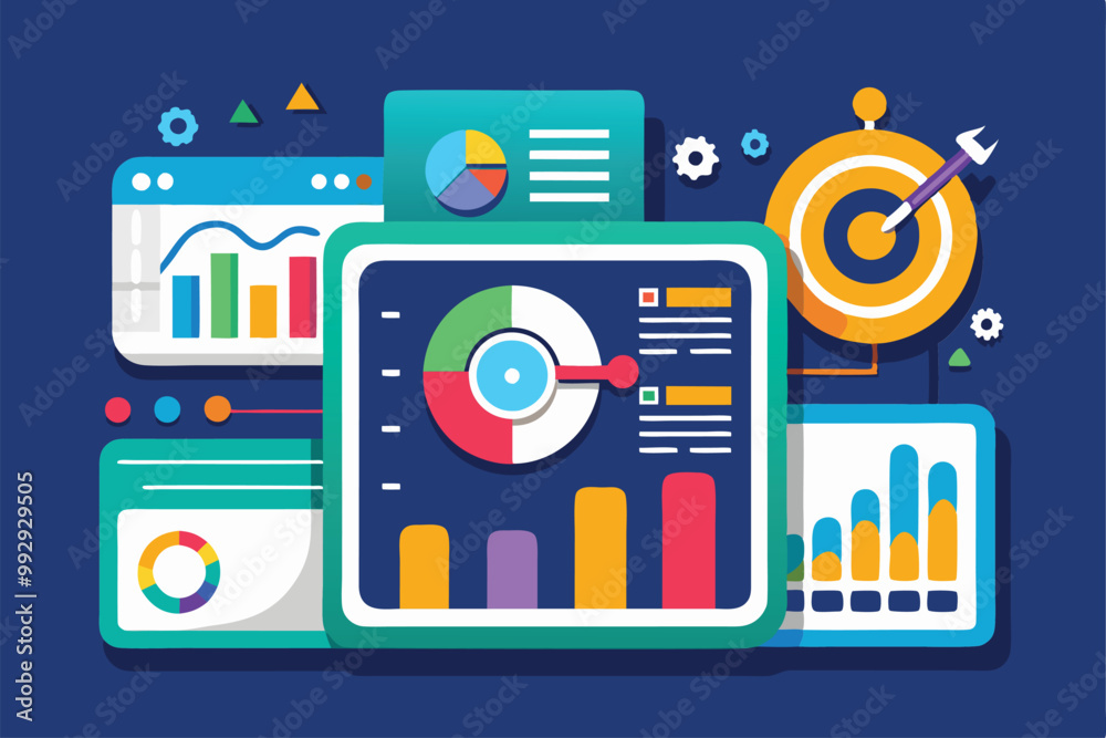 Poster a vibrant dashboard showcases customizable metrics with colorful graphics designed for data analysis