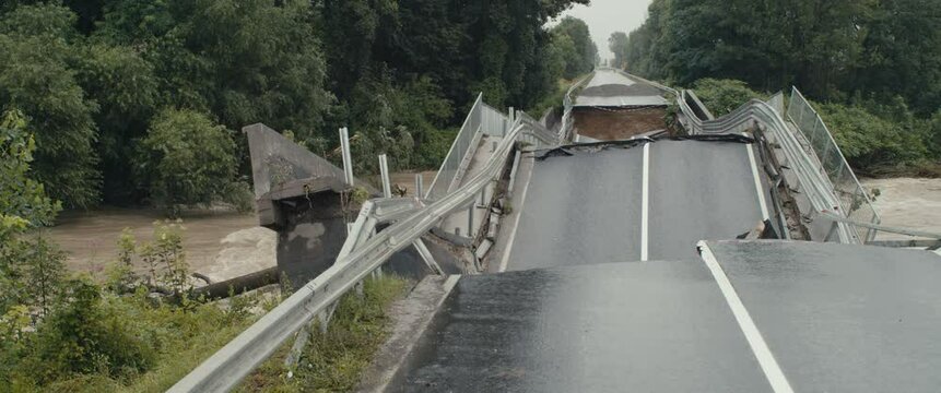 Bridge collapsed broken road river water catastrophic floods damage