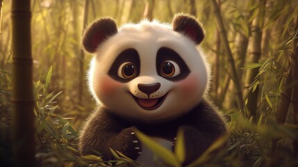Fototapeta premium A cheerful cartoon panda smiles amidst bamboo, exuding a playful and friendly vibe.