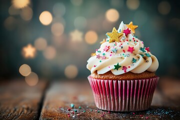 Colorful cupcake with pink frosting, decorated with star-shaped sprinkles and multicolored sugar beads, on a rustic wooden background