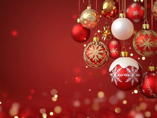 Fototapeta premium A festive arrangement of colorful Christmas ornaments hanging against a warm red background, creating a cheerful holiday atmosphere.