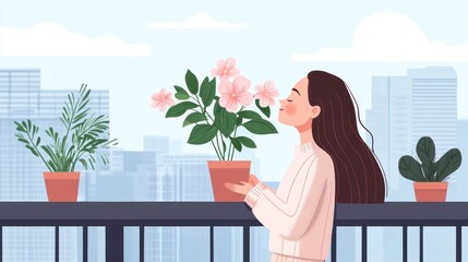 A serene illustration of a woman enjoying plants on a balcony with city skyscrapers in the background, embracing nature and tranquility.