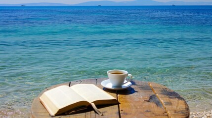 Obraz premium Open book and cup of coffee on the seashore 