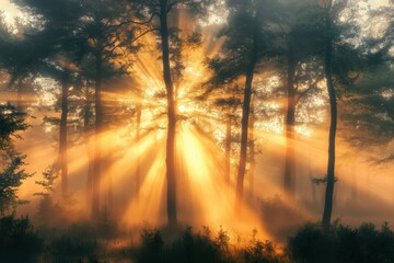 Forest at sunrise, sunbeams and mist combine to create a magical light display