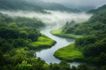 A quiet river winding through a lush green valley, surrounded by dense forests shrouded in morning mist