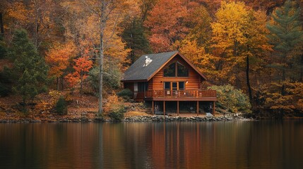 Cozy lakeside cabin surrounded by autumn foliage with a peaceful, reflective water view
