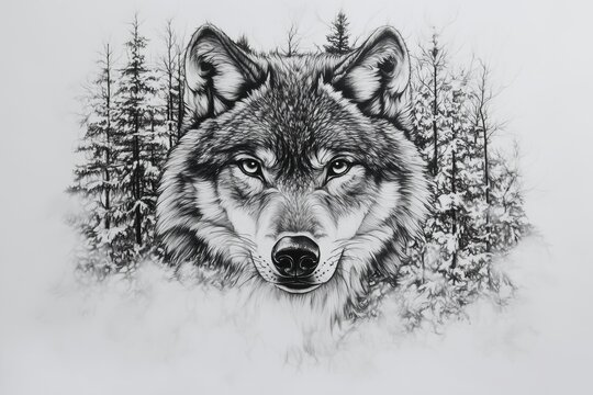 Fototapeta Realistic wolf tattoo framed by a wintry forest landscape, ideal for large tattoo areas