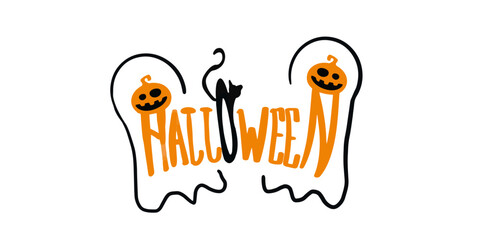 halloween lettering logo with pumpkin, bat and cat