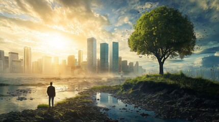 Fototapeta premium Photo-realistic illustration of a climate risk consultant evaluating environmental impact for corporate sustainability practices. Risk Mitigation. Ultra realistic. Photorealistic