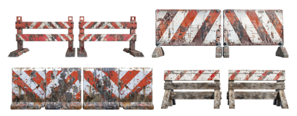 Set of old construction striped barricades, cut out