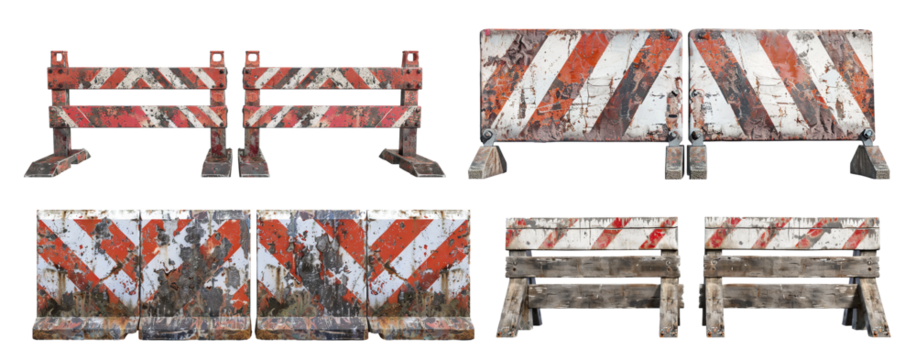 Set of old construction striped barricades, cut out