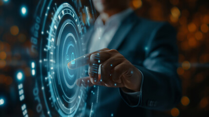Businessman Touching Futuristic Interface with Padlock Icon