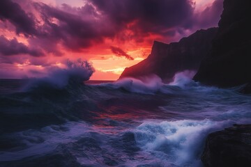 Fototapeta premium Stormy ocean at sunset, with waves crashing against rocky cliffs as the sky glows in dramatic shades of red and purple