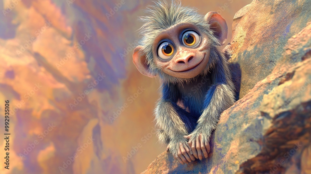 Canvas Prints A cute, animated monkey character with large eyes, sitting on a rocky surface, smiling.