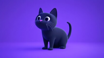Obraz premium A cute, stylized black cat with large eyes on a vibrant purple background.