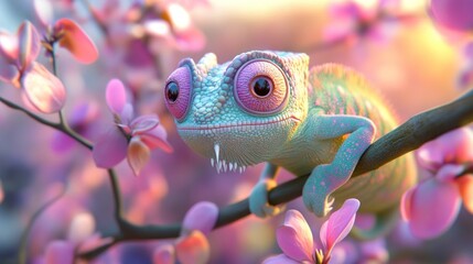 A colorful chameleon perched on a branch amidst blooming flowers, showcasing nature's beauty.