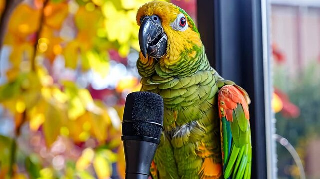 Yellow headed amazon parrot singing on microphone