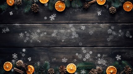 Winter Festive Background with Pine Branches, Oranges, and Cinnamon Sticks