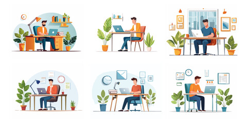 Productive man working with laptop in modern home office