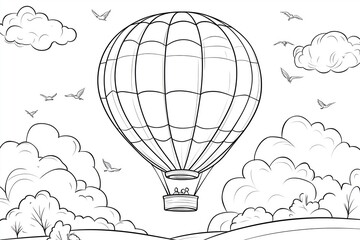 Obraz premium Simple coloring page of a hot air balloon in the sky, ideal for kids to color and have fun