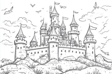 Obraz premium Coloring page of an enchanting castle on a hilltop, with bold, clear lines for easy coloring