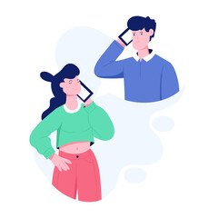 A flat character illustration of calling couple 