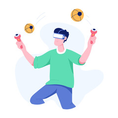 Character based flat illustration depicting a boy enjoying vr gaming  