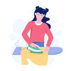 Girl ironing shirt on table, flat illustration  