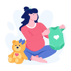 A pregnant woman holding baby romper, a flat illustration 