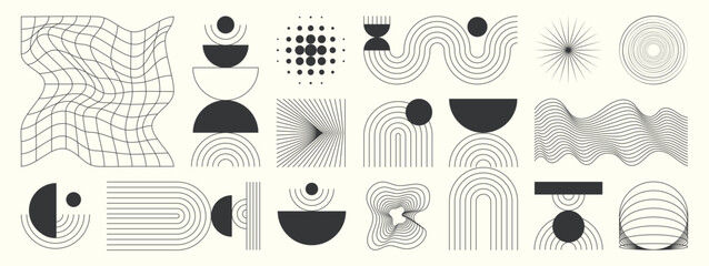 Hand drawn abstract minimal element mid century vector set. Aesthetic contemporary stripe line art, geometric shape in monochrome. Art form design for wall art, decoration, wallpaper.