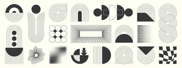 Hand drawn abstract minimal element mid century vector set. Aesthetic contemporary stripe line art, geometric shape in monochrome. Art form design for wall art, decoration, wallpaper.